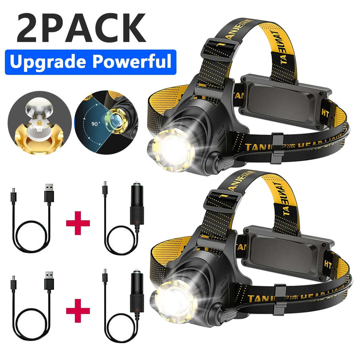 (2 Pack)USB Rechargeable LED Headlamp 3 Modes Adjustable Camping Hiking - Image 4
