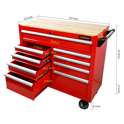 9 DRAWERS MULTIFUNCTIONAL TOOL CART WITH WHEELS AND WOODEN TOP - Image 10