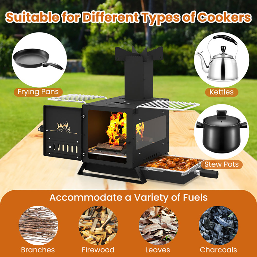 Portable Wood Burning Stove Mini Heater Burner With Pot Rack Oven Pan - Image 7