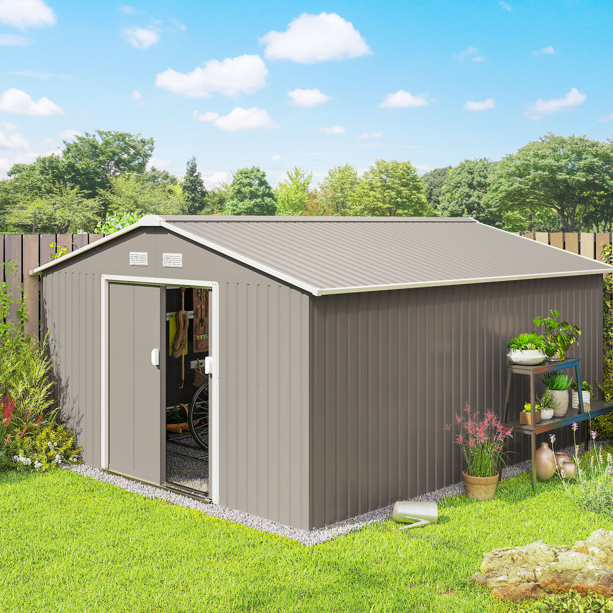 heavy duty galvanized steel garden storage shed with double locking doors in light gray - angle 5 detail