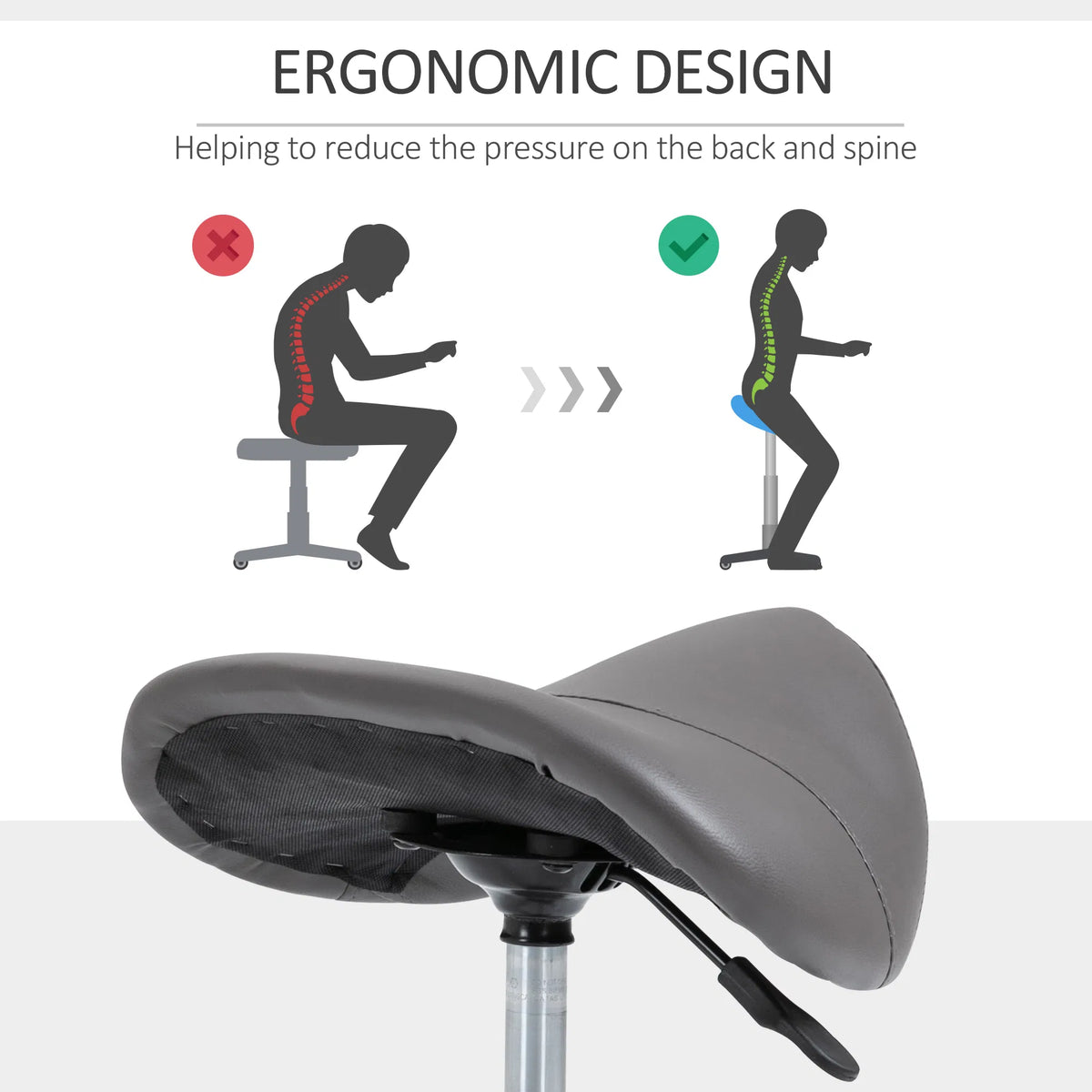 Saddle Stool Adjustable Hydraulic Rolling Beauty Salon Stool Ergonomic PU - Image 4