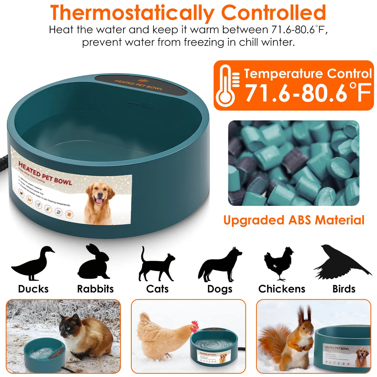 Heated Water Bowl for Dog Cat 74.4OZ Heating Water Dish IP67 Waterproof Thermal