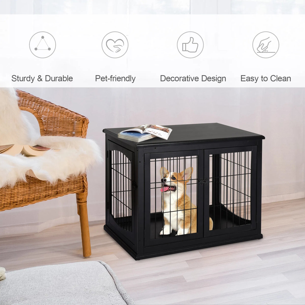26" Wooden Dog Cage with Double Door Entrance & Simple Modern Design Black