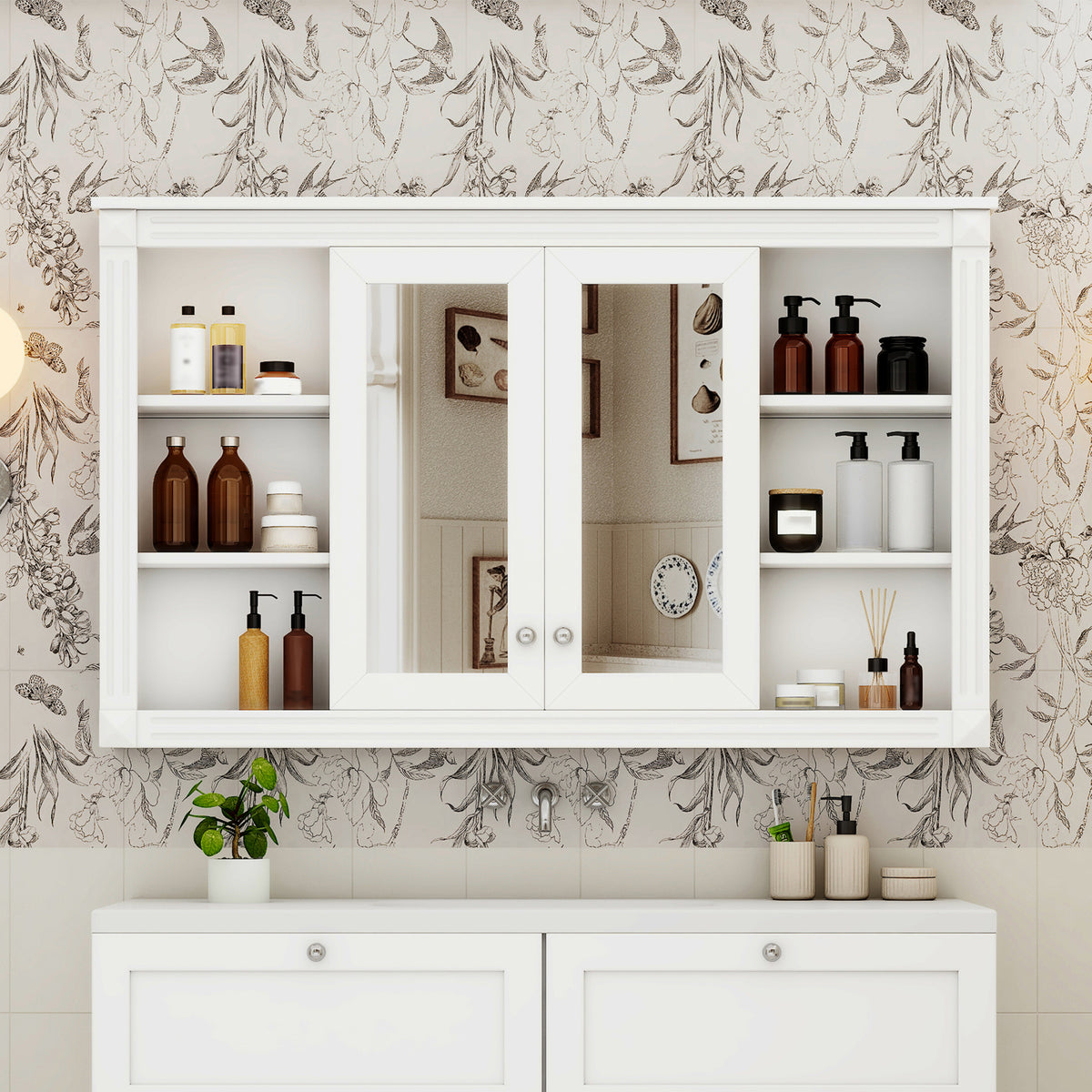 47-Inch White Bathroom Mirror Cabinet