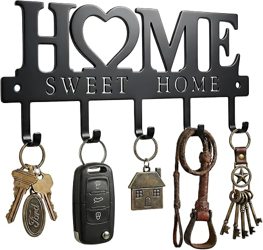 Black Metal Wall Mounted Key Holder With Hooks Decorative Entryway Organizer