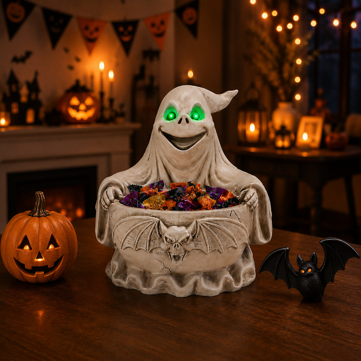 Halloween Ghost Storage Bowl Figurine Spooky Candy Dish with LED Light for - Image 4