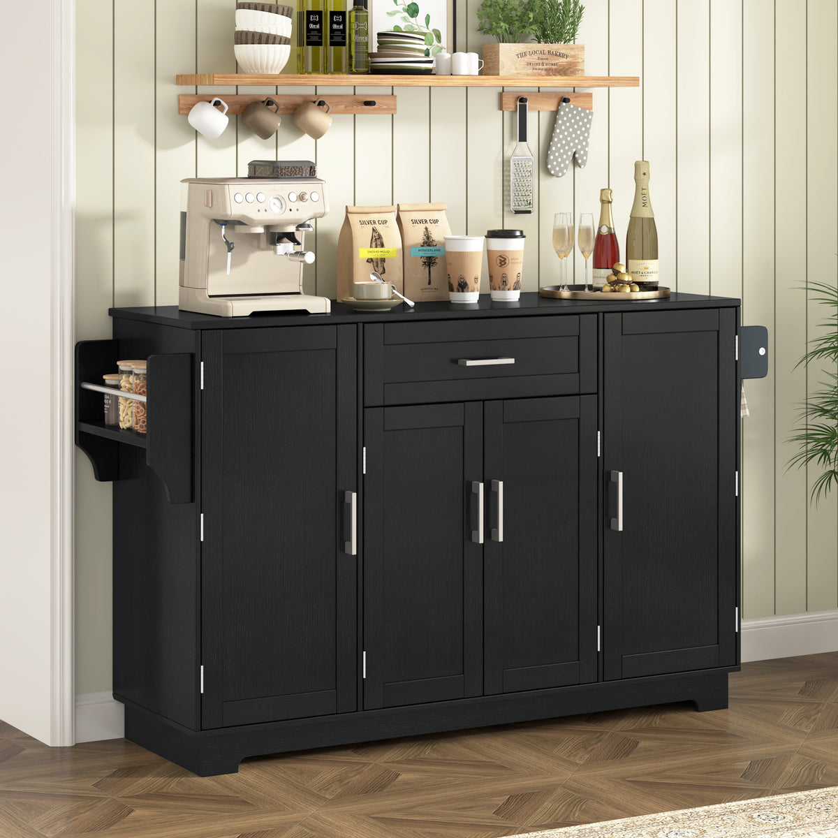54in Black Sideboard Buffet Cabinet with Four Doors and Drawer