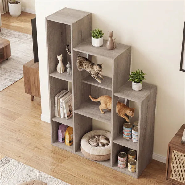 Cat Bookshelf Cabinet (Gray Oak) 8 Organized Storage Sections & Multiple - Image 3