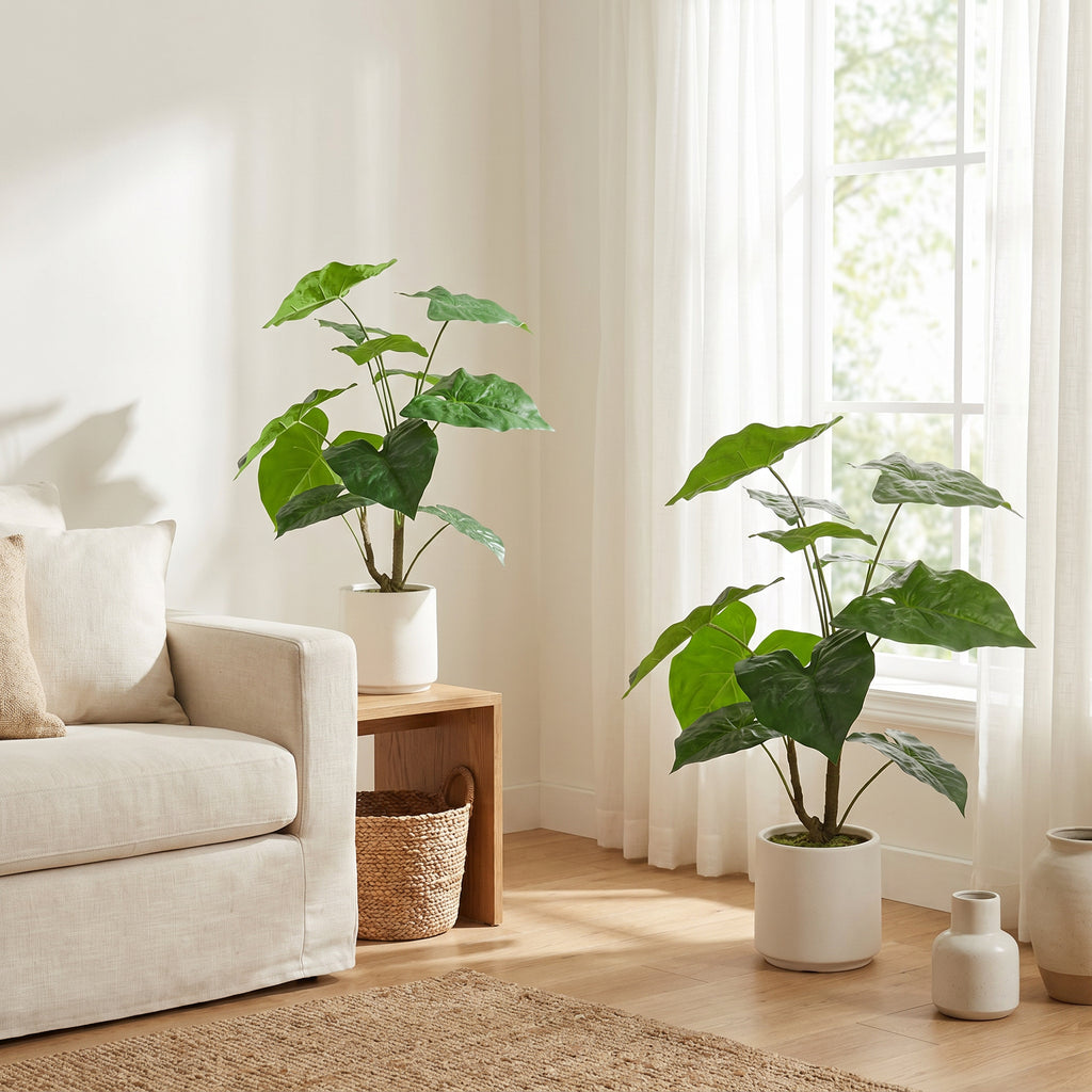 30'' Artificial Tropical Alocasia Leaf Plant With White Pot 2pc/set - Image 2