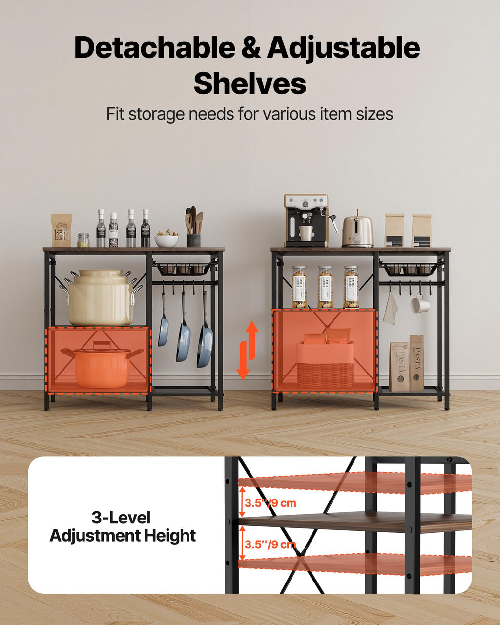 Kitchen Bakers Rack 35 Inch Width Stand With Shaped Support Bar Hooks Multi - In-Use and Feature Display