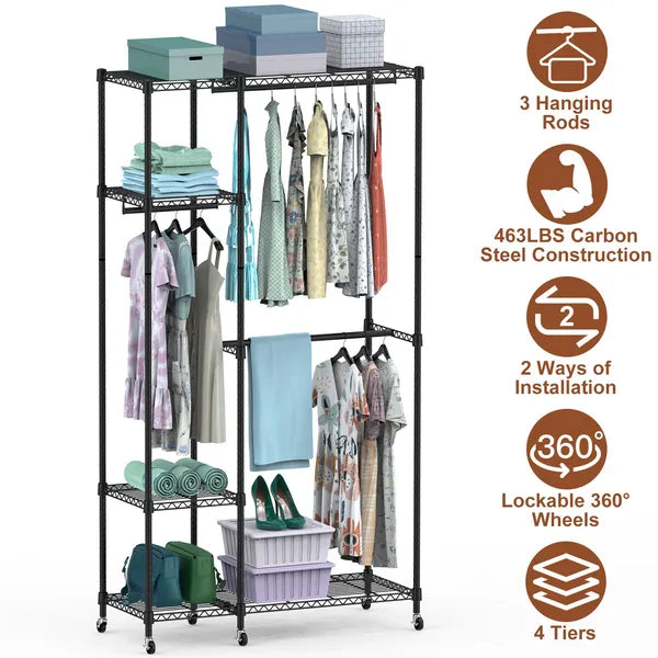 4 Tier Heavy Duty Garment Rack With Wheels Carbon Steel Clothing Rack Portable - Image 4