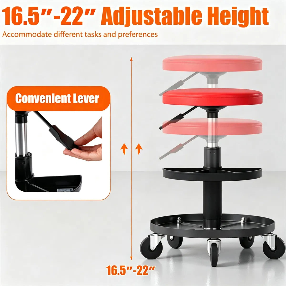Adjustable Pneumatic Rolling Mechanic Stool with 2 Tier Tool Tray Red - Image 8
