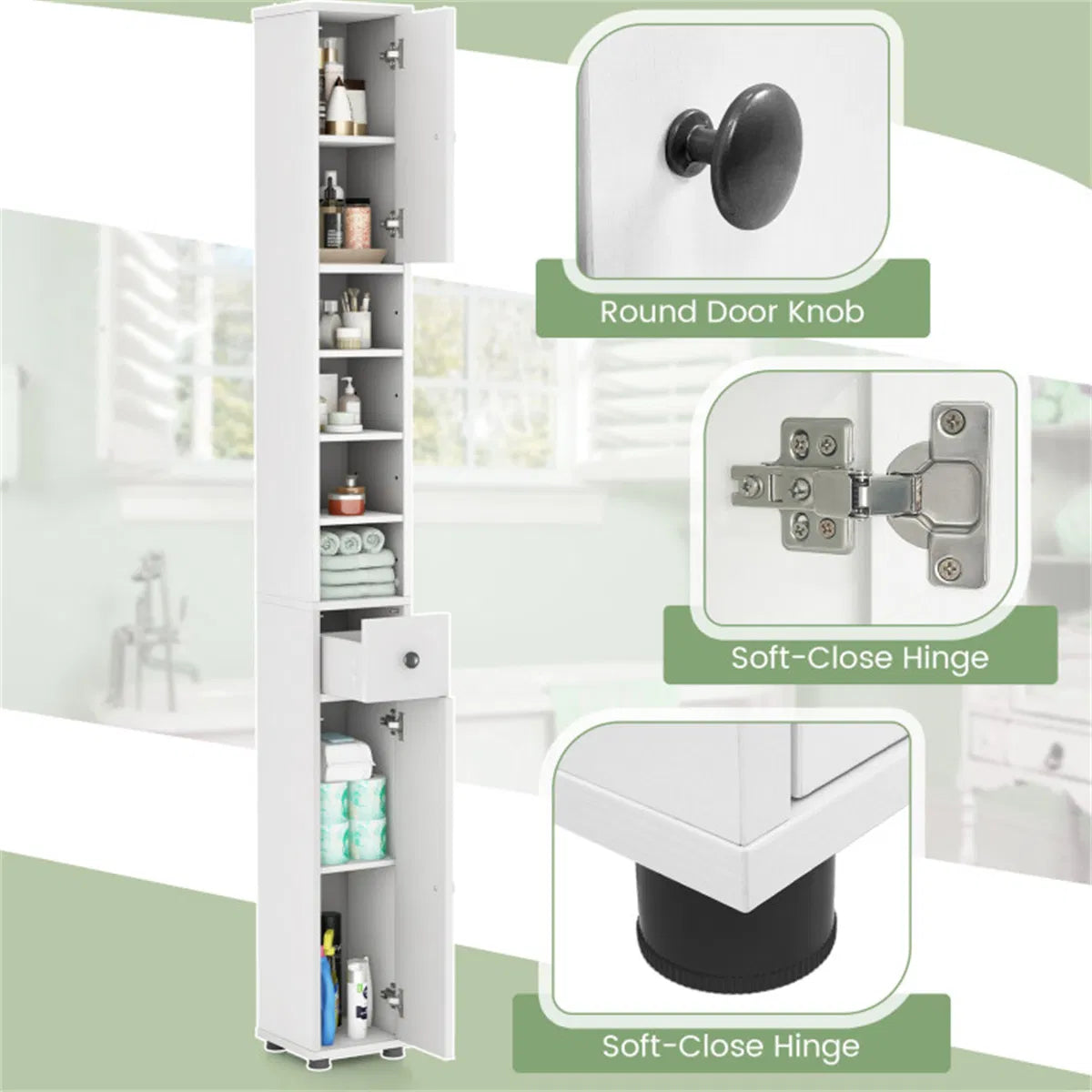 Slim Tall Bathroom Storage Cabinet 8" x 8" x 71" Narrow Floor Organizer with