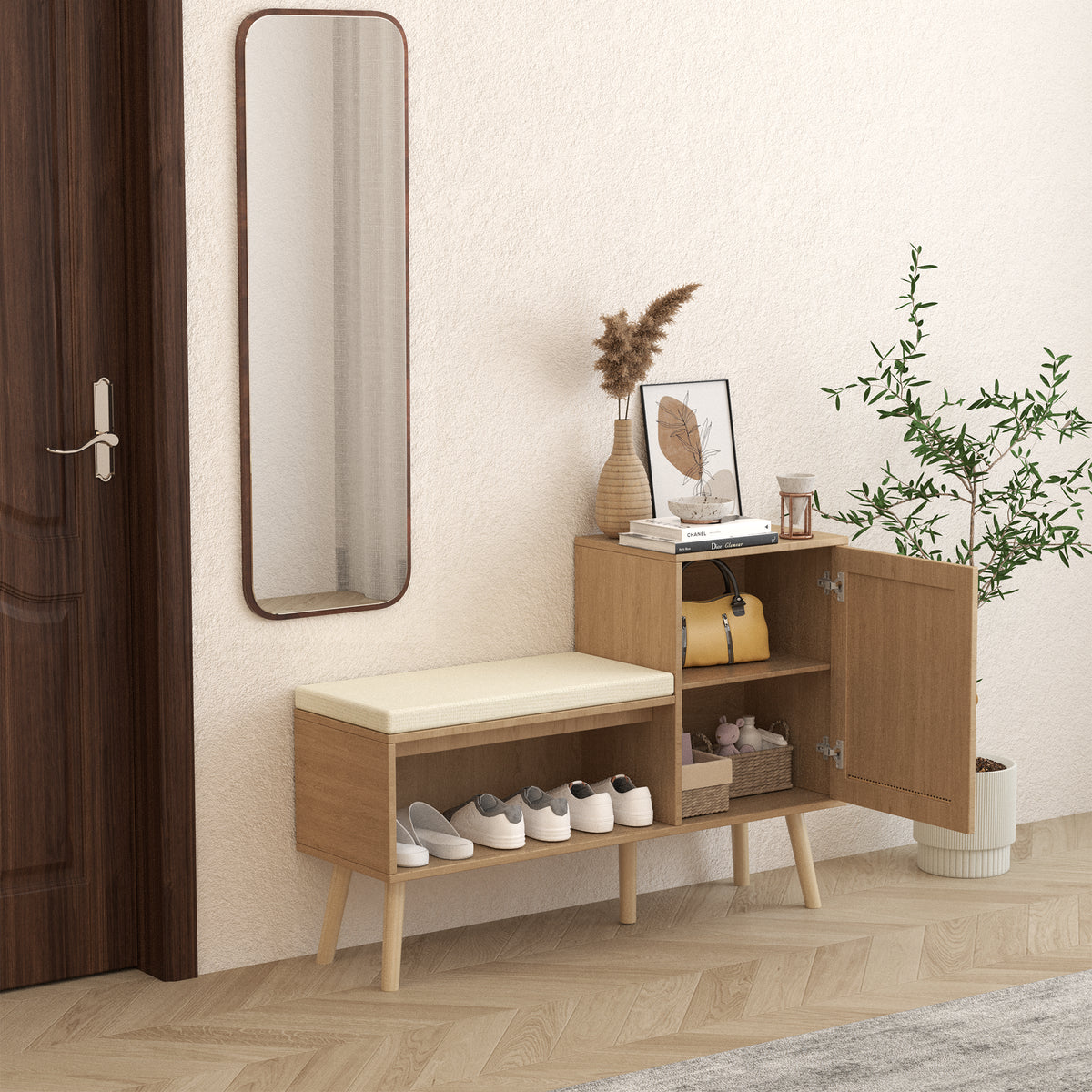 Rattan Shoe Storage Bench with Removable Cushion