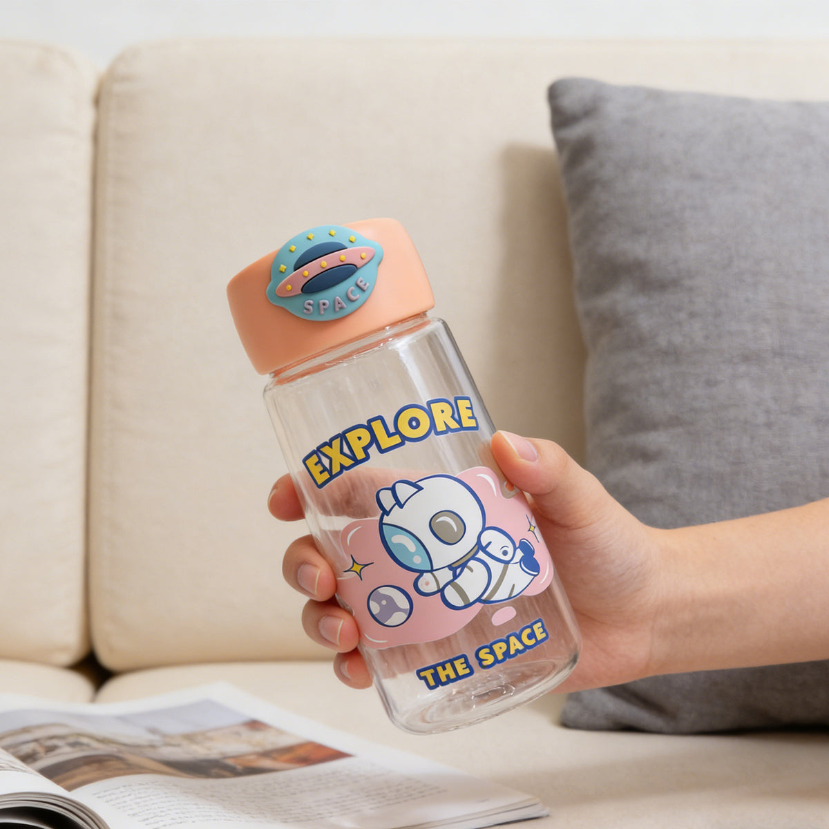 Astronaut Cat Plastic Bottle 400ml Pink - Image 3