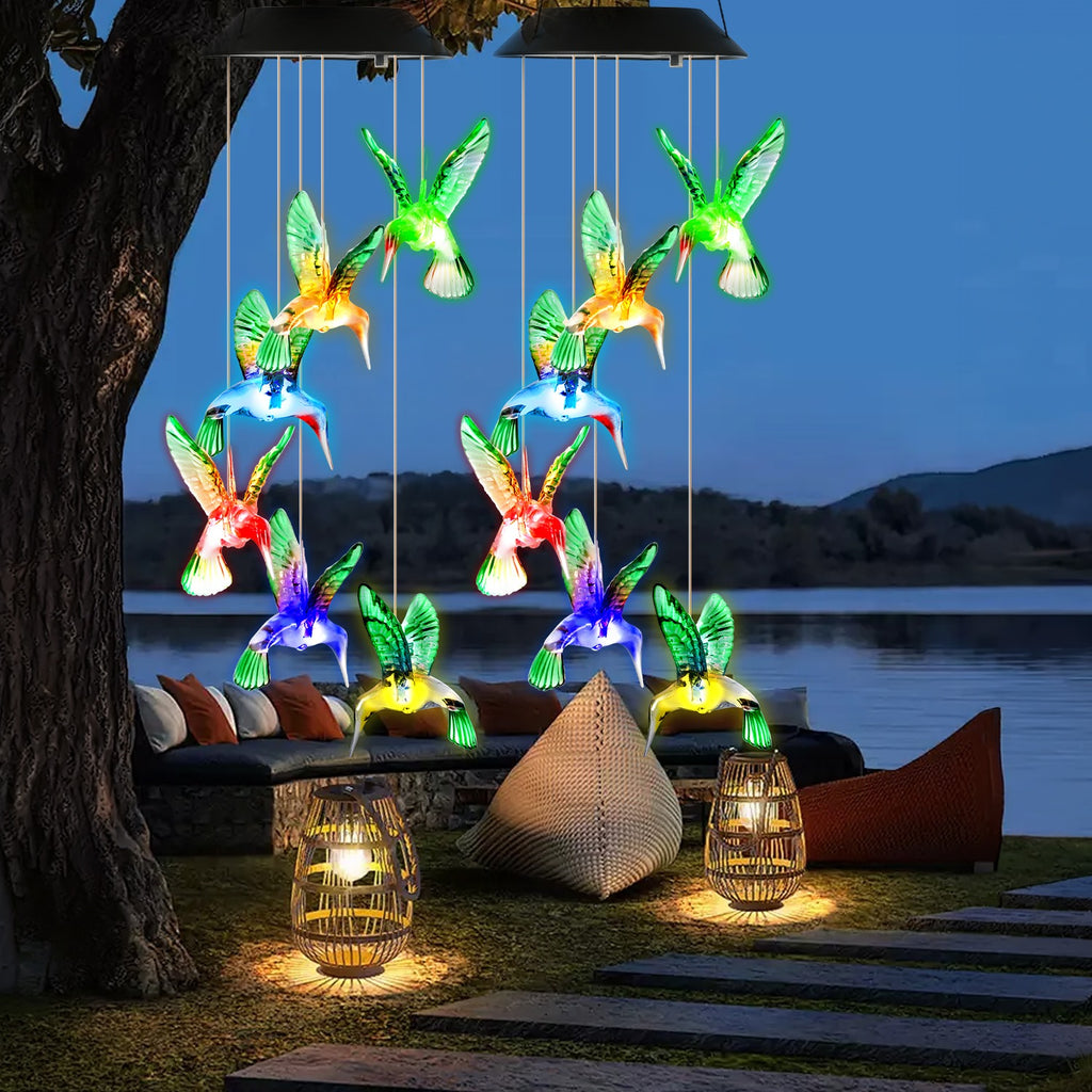 2Pcs Solar Hummingbird Wind Chime 7 Color Changing Wind Chime For Outside IPX4