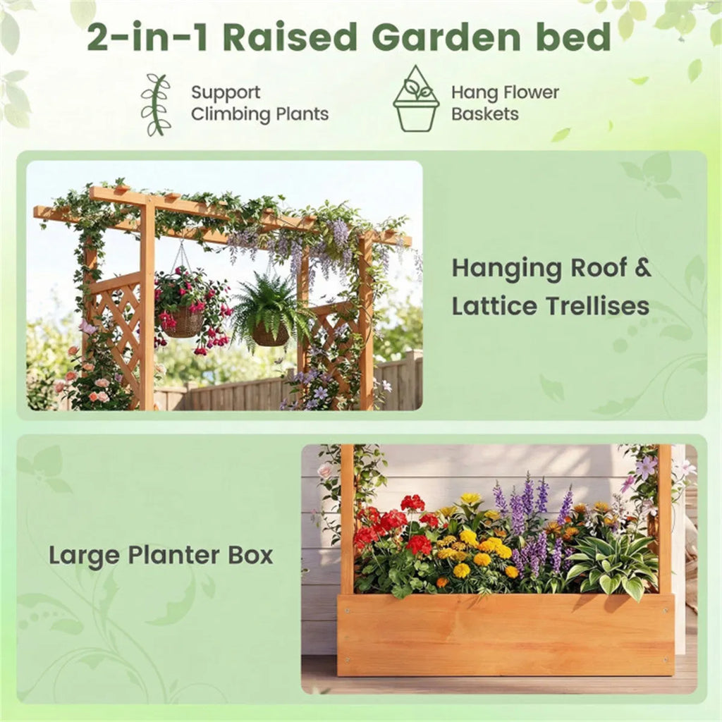 Fir Wood Raised Garden Bed with Side Trellis 109.22×35.56×114.30 cm Planter - Image 2