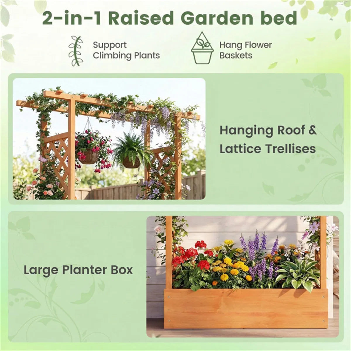 Fir Wood Raised Garden Bed with Side Trellis 109.22×35.56×114.30 cm Planter - Image 2