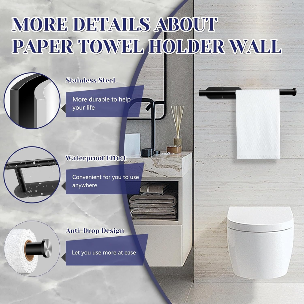 Black Self Adhesive Under Cabinet Paper Towel Holder Wall Mounted Roll - Image 4