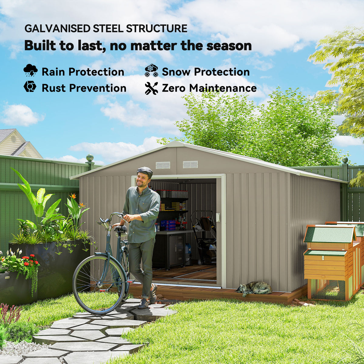 heavy duty galvanized steel garden storage shed with double locking doors in light gray - angle 2 detail
