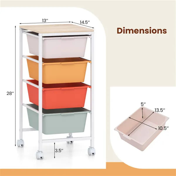 4 Drawer Rolling Storage Cart Mobile Utility Organizer With MDF Wooden Top (Macaron) - Image 4