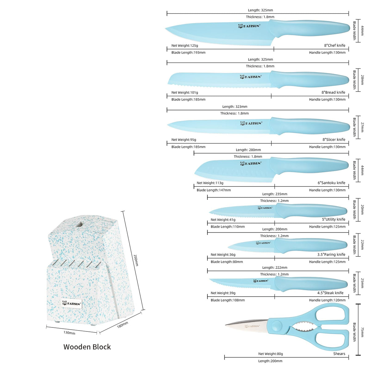 Kitchen Knife Set With Block 14 Piece BLUE Non Stick Paint Coating Stainless