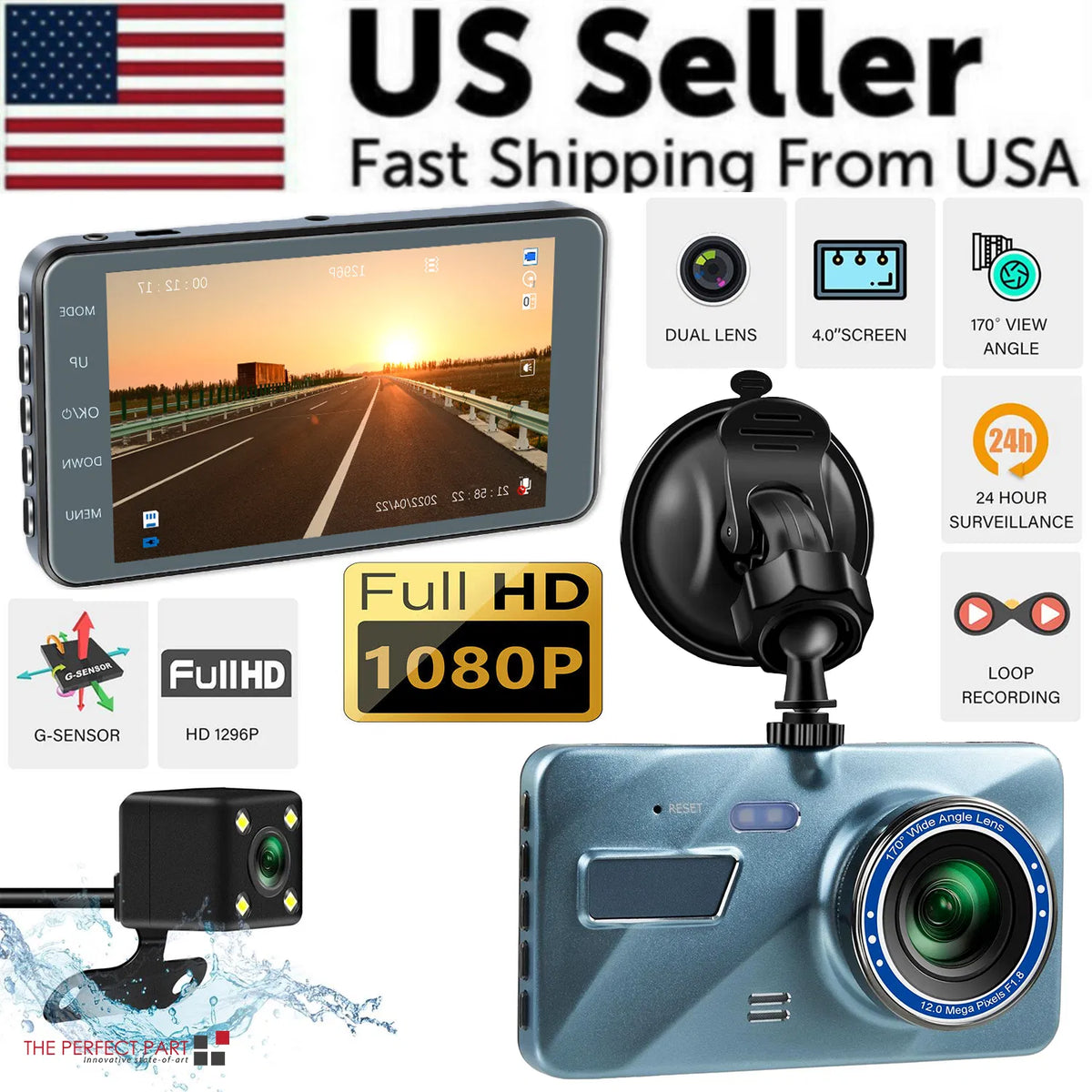 HD 1080P Car Dual Lens Dash Cam 4" DVR Recorder Front & Rear Camera Night Vision - Image 4