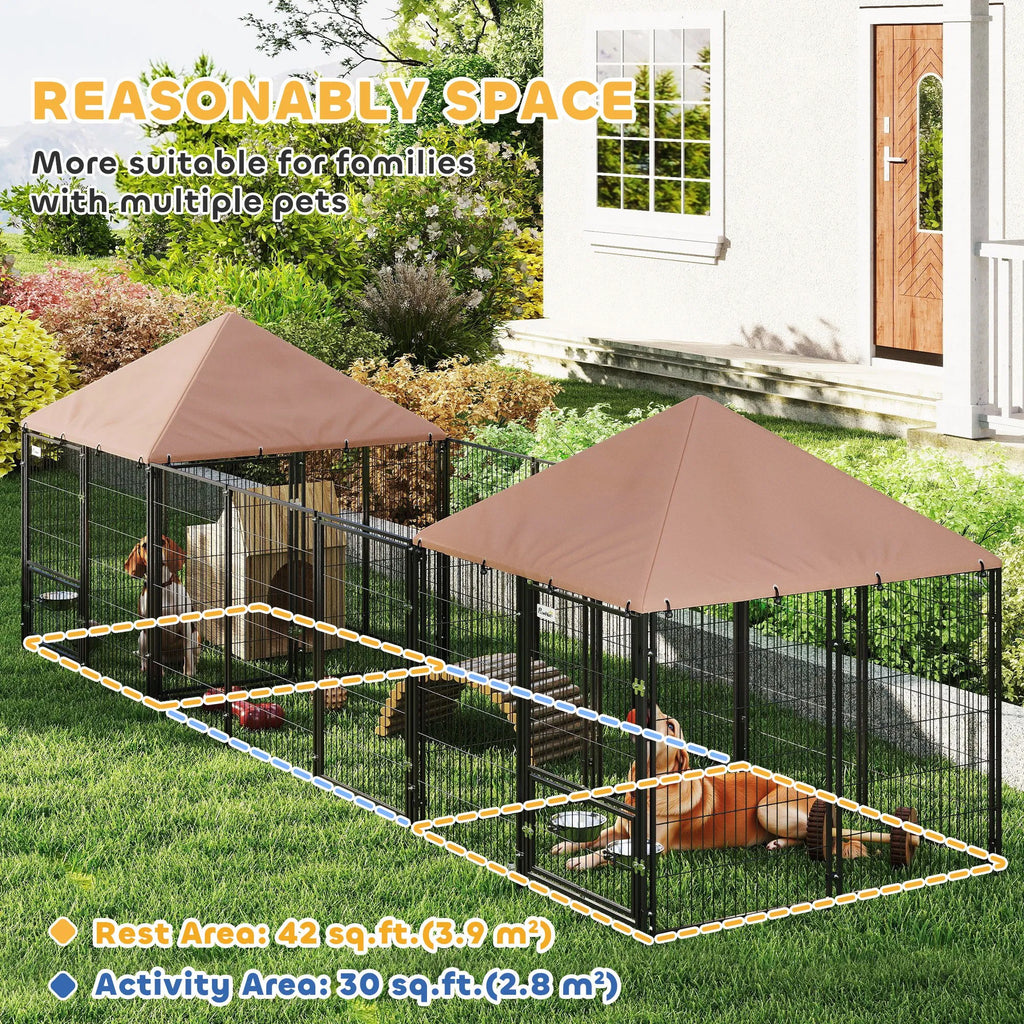 Outdoor Dog Kennel with 2 Rooms Rotating & Adjustable Height Bowls Waterproof