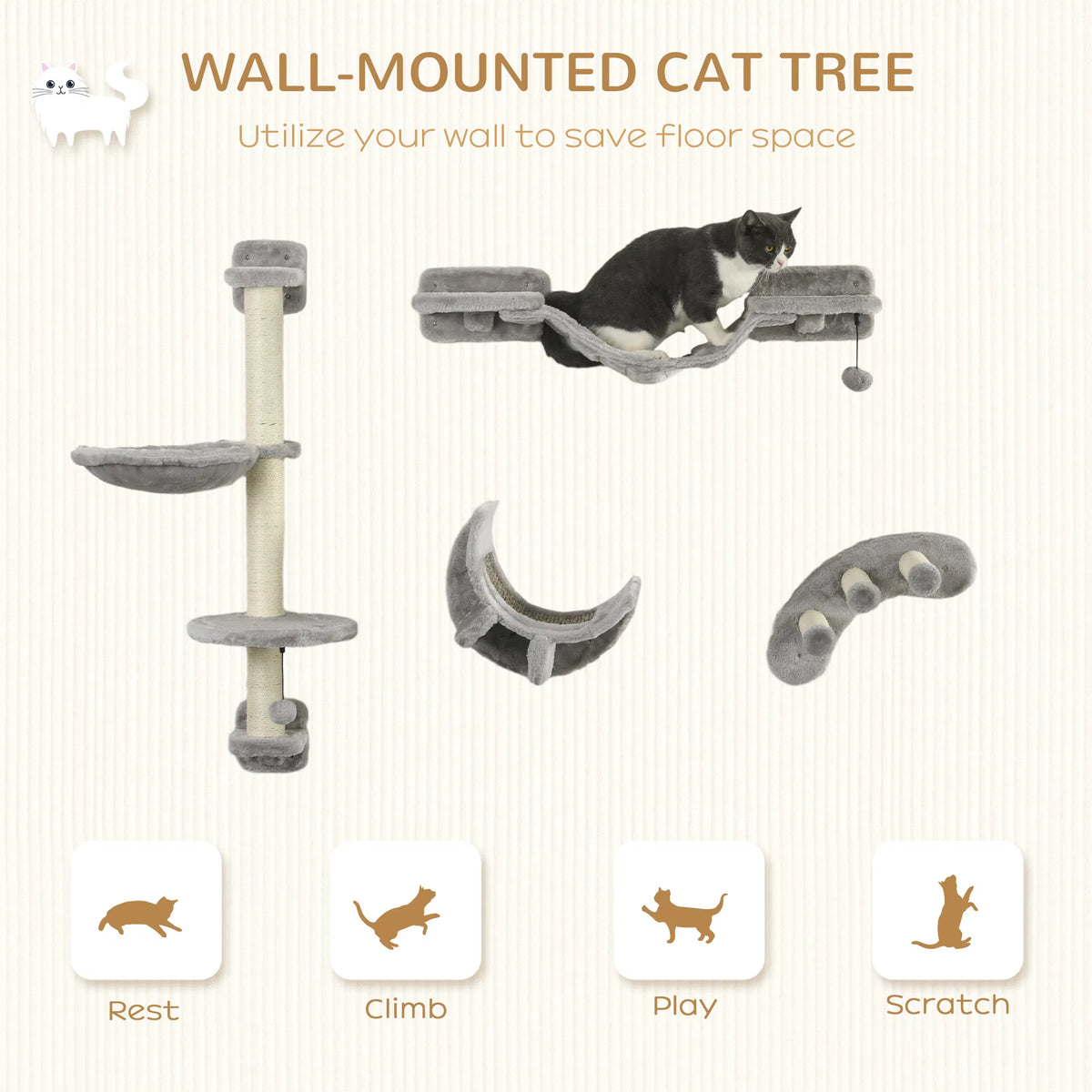 4Pcs Cat Wall Shelf with Scratching Post Cat Wall Shelves for Relaxing - Image 3