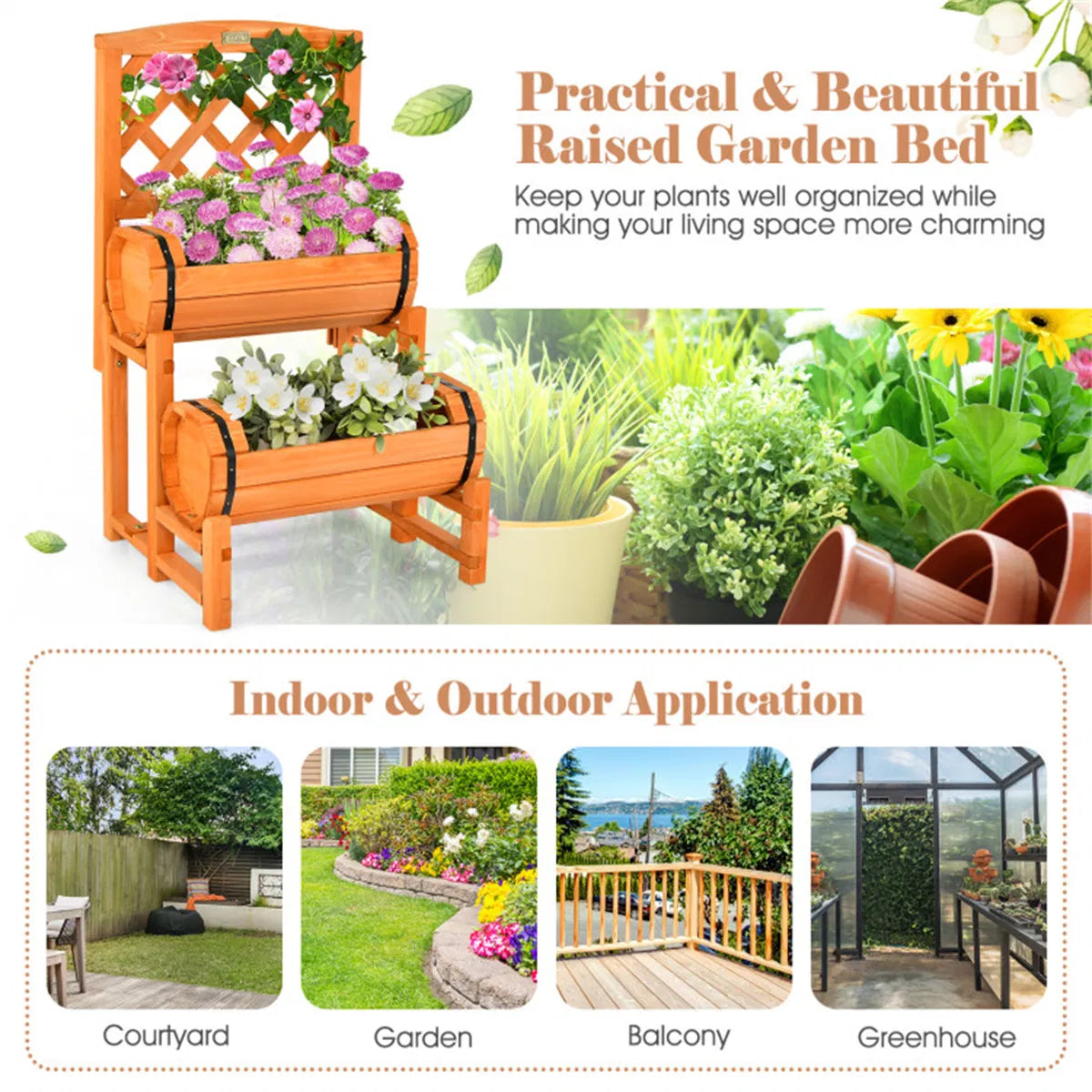 Solid Fir Wood Raised Garden Bed With Trellis Cylindrical Planter Box - Image 4