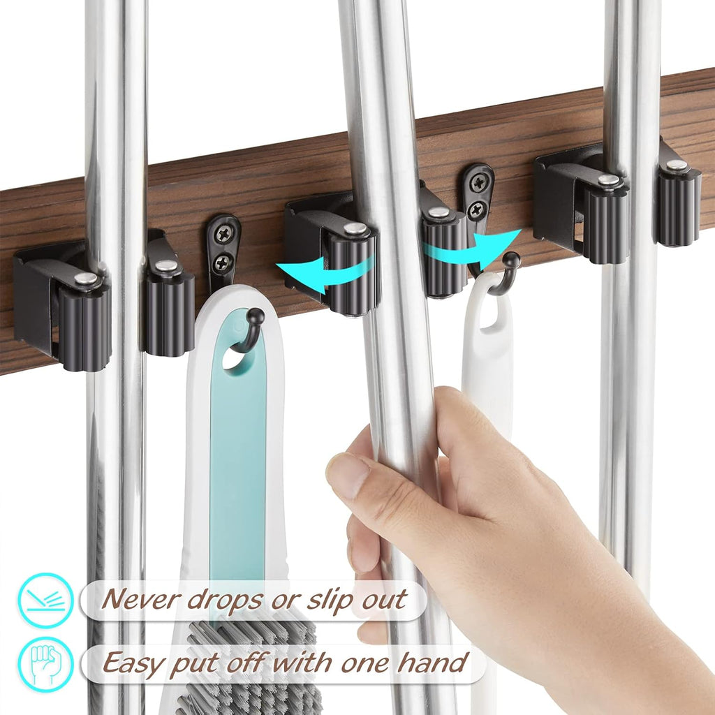 Wood Mop And Broom Holder Wall Mount 4 Slots And 4 Hooks Rustic Tool Rack For - Image 4