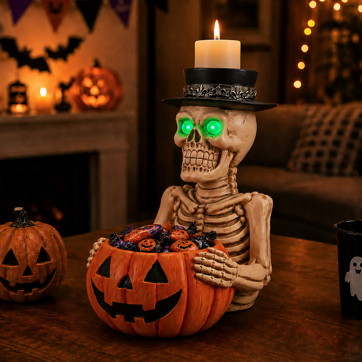 Halloween Skeleton Figurine with Pumpkin Candy Bowl & Candle Holder Spooky - Image 3