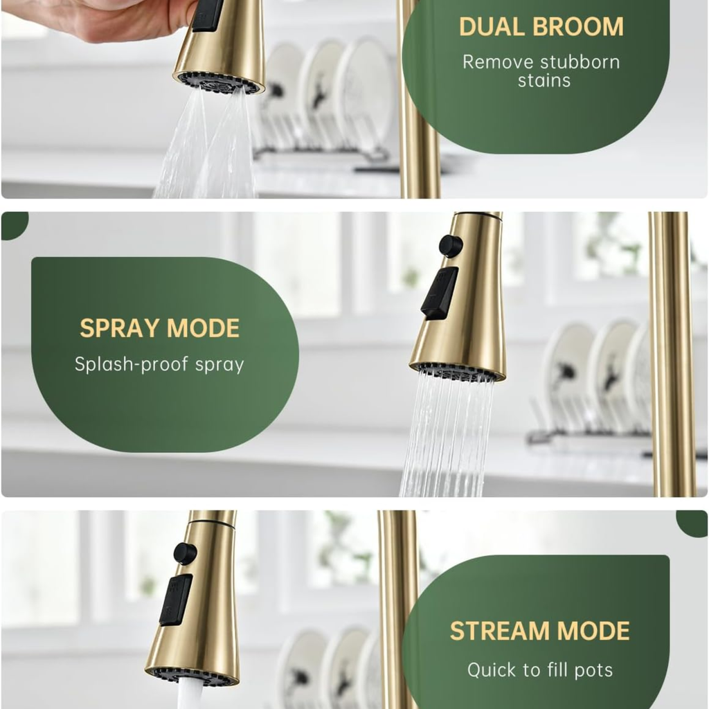 Handle Kitchen Faucet With Pull Down Sprayer Brushed Gold 4 Holes Sink Faucets - Image 5