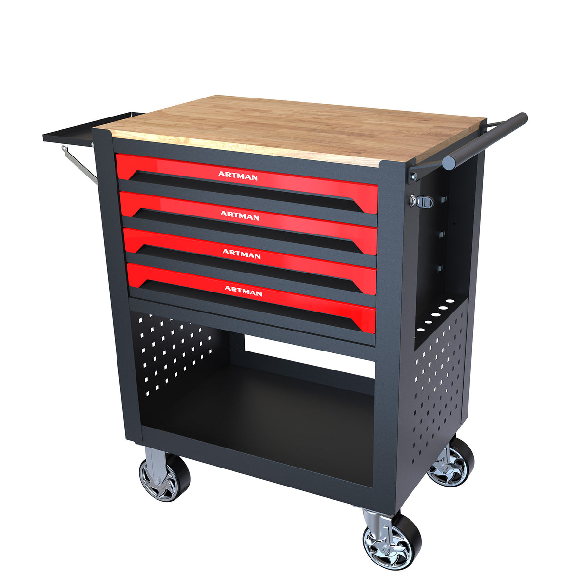 4 DRAWERS MULTIFUNCTIONAL TOOL CART WITH WHEELS AND WOODEN TOP - Image 3