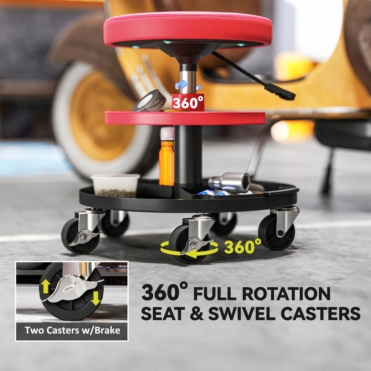 Rolling Garage Stool 300 LBS Capacity Mechanic Stool with 2.5" Wheels Tool - Image 3