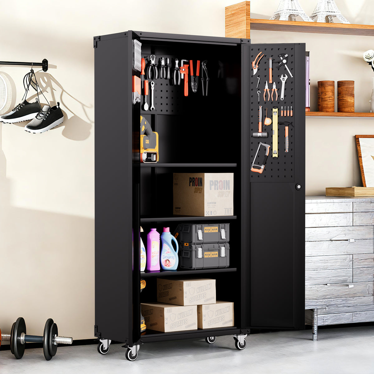 71 All Black Metal Garage Storage Cabinet With Wheels Heavy Duty Tool Storage - Image 5