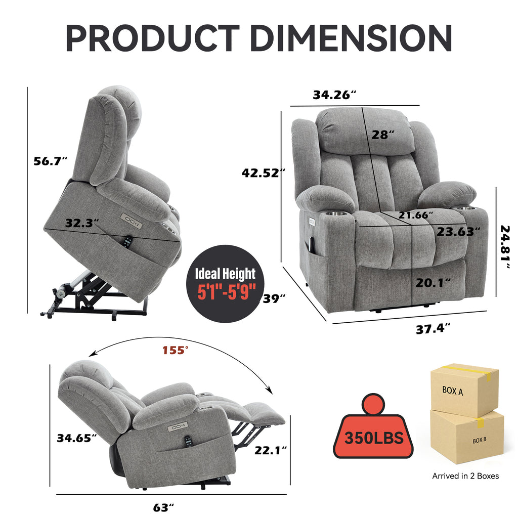 Up to 350 LBS Chenille Power Lift Recliner Chair Heavy Duty Motion Mechanism - Image 4