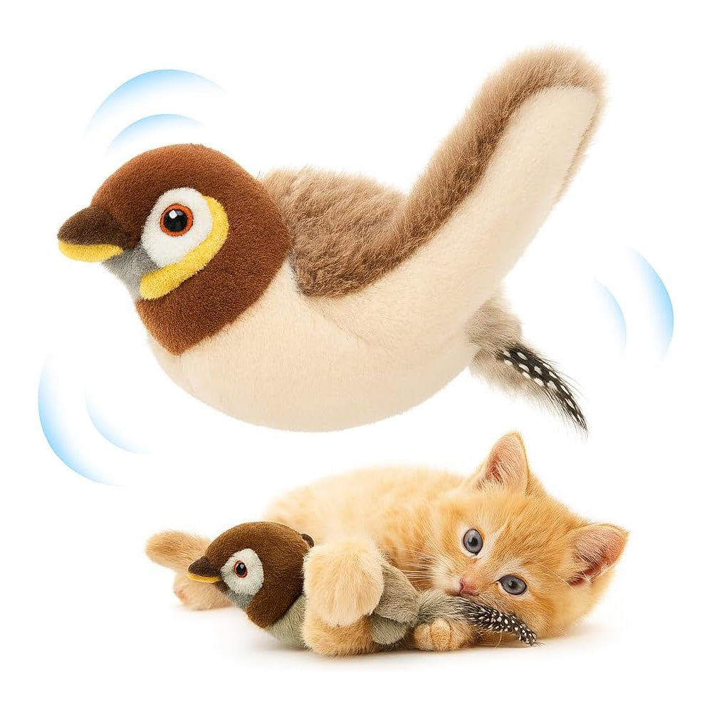 USB Rechargeable Flapping Bird Cat Toy Realistic Chirping White Faced Sparrow - Image 2