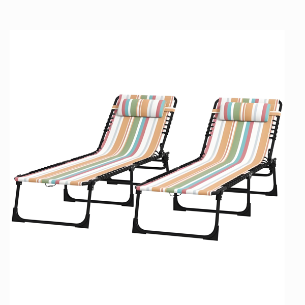 Striped 2 Folding Outdoor Lounge Chairs For Beach Camping Use Pillow Mesh & - Image 2