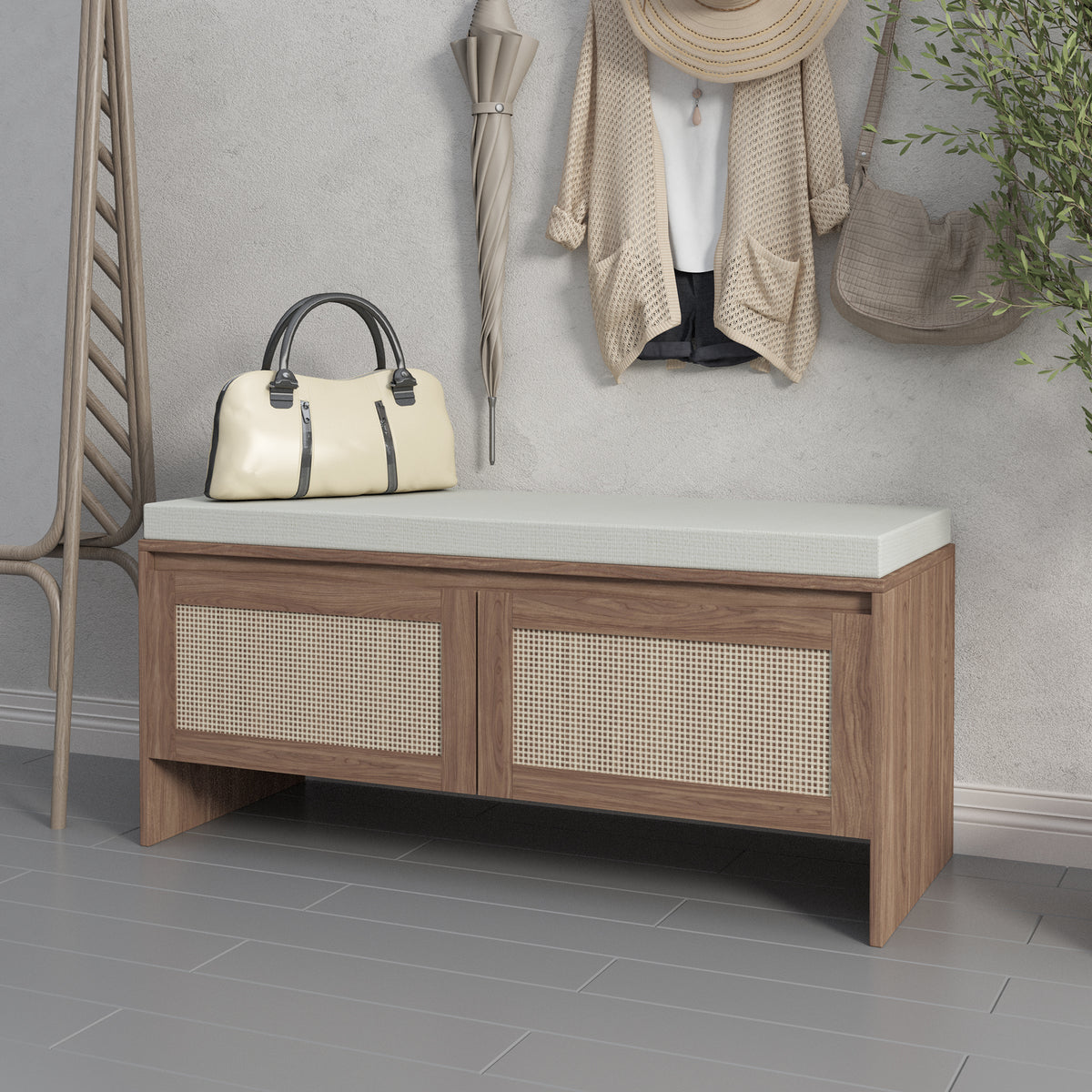 Rattan Shoe Storage Bench with Cushion and Two Doors