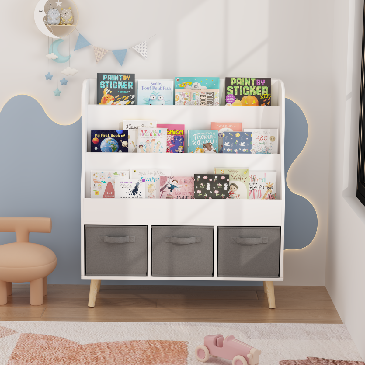 Toddler Front-Facing Book Display Rack with 3 Fabric Storage Bins - Side Profile and Dimensions