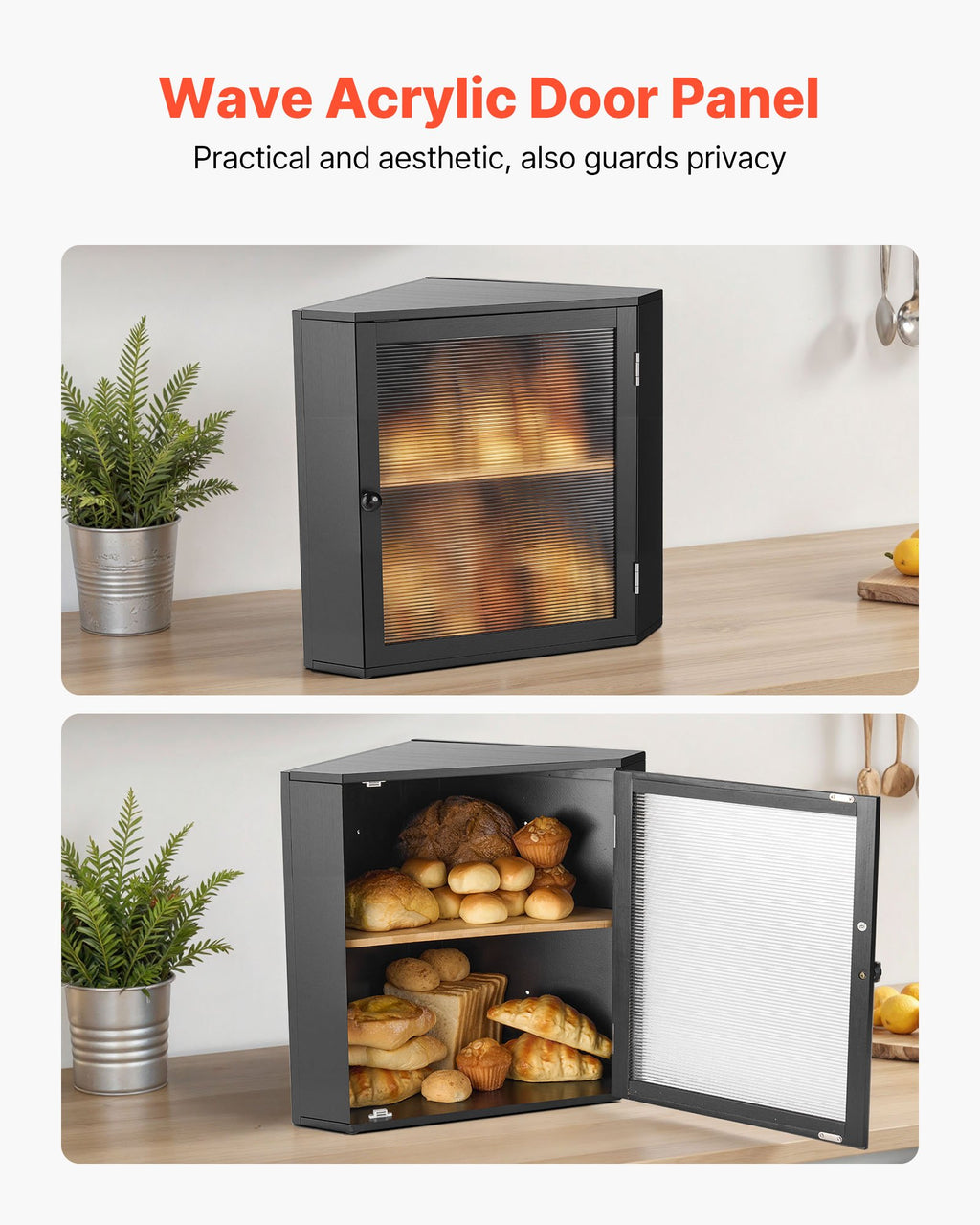 Corner Bread Box For Kitchen Counter Double Layer Bamboo Storage Container Black - Image 4