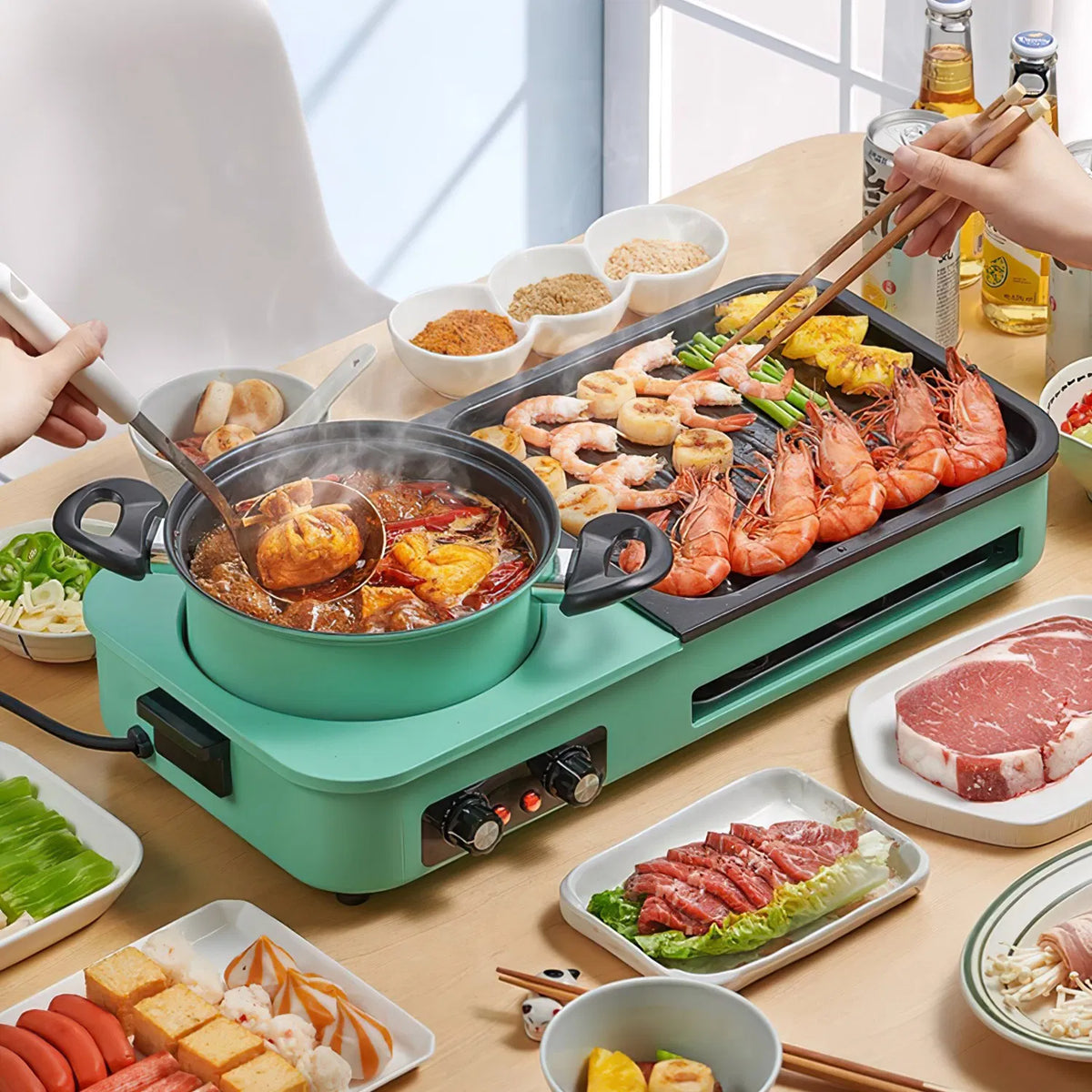 Electric Hot Pot with Grill 1600W 3 in 1 Smokeless Raclette Table Grill for - Image 2