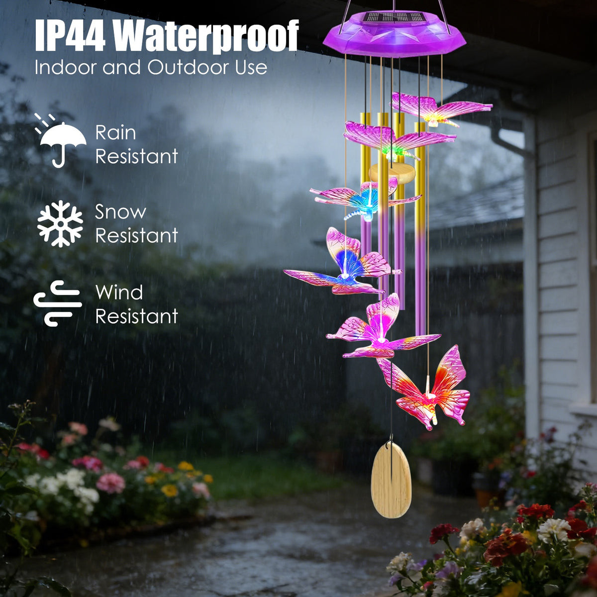 1Pc Solar Butterfly Wind Chime With Aluminum Tubes 7 Color Changing Wind Chime - Image 3