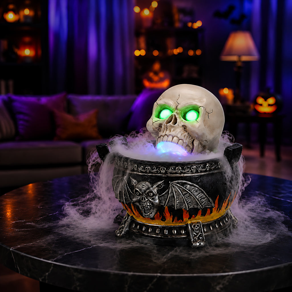 Halloween Skull Cauldron Statue with LED Light Smoke Fog Effect Resin Decor - Image 4