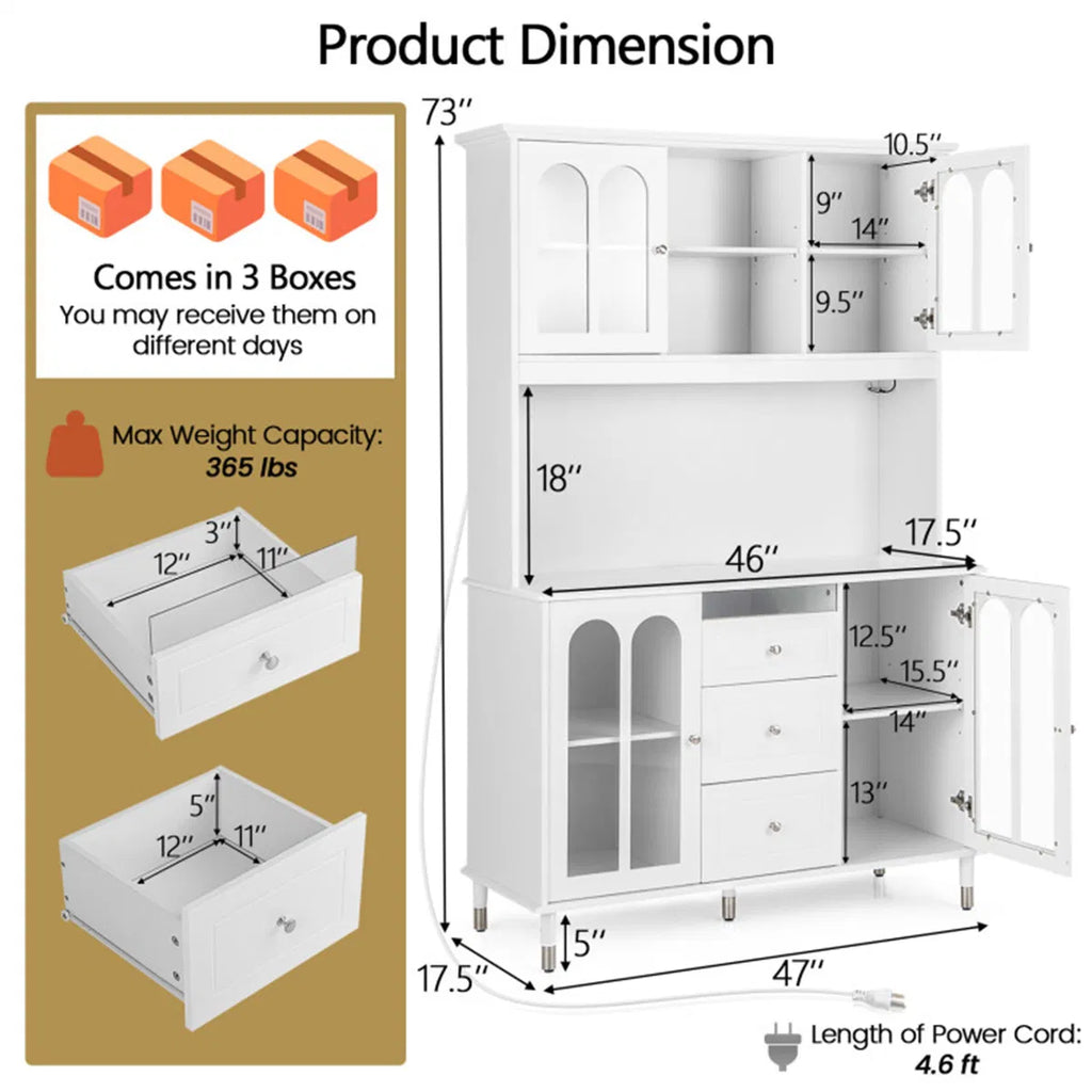 73 Inch White Kitchen Pantry Cabinet with Customizable LED Lights & Built in - Image 4