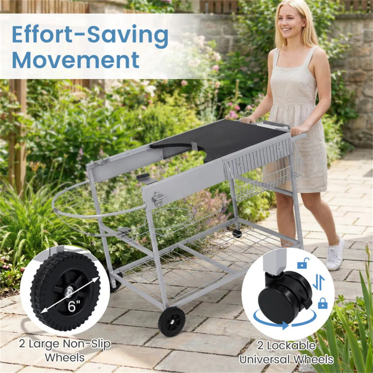 Outdoor Grill Cart For 18 22 Inch Kettle Grills Metal BBQ Stand With Lid - Image 4