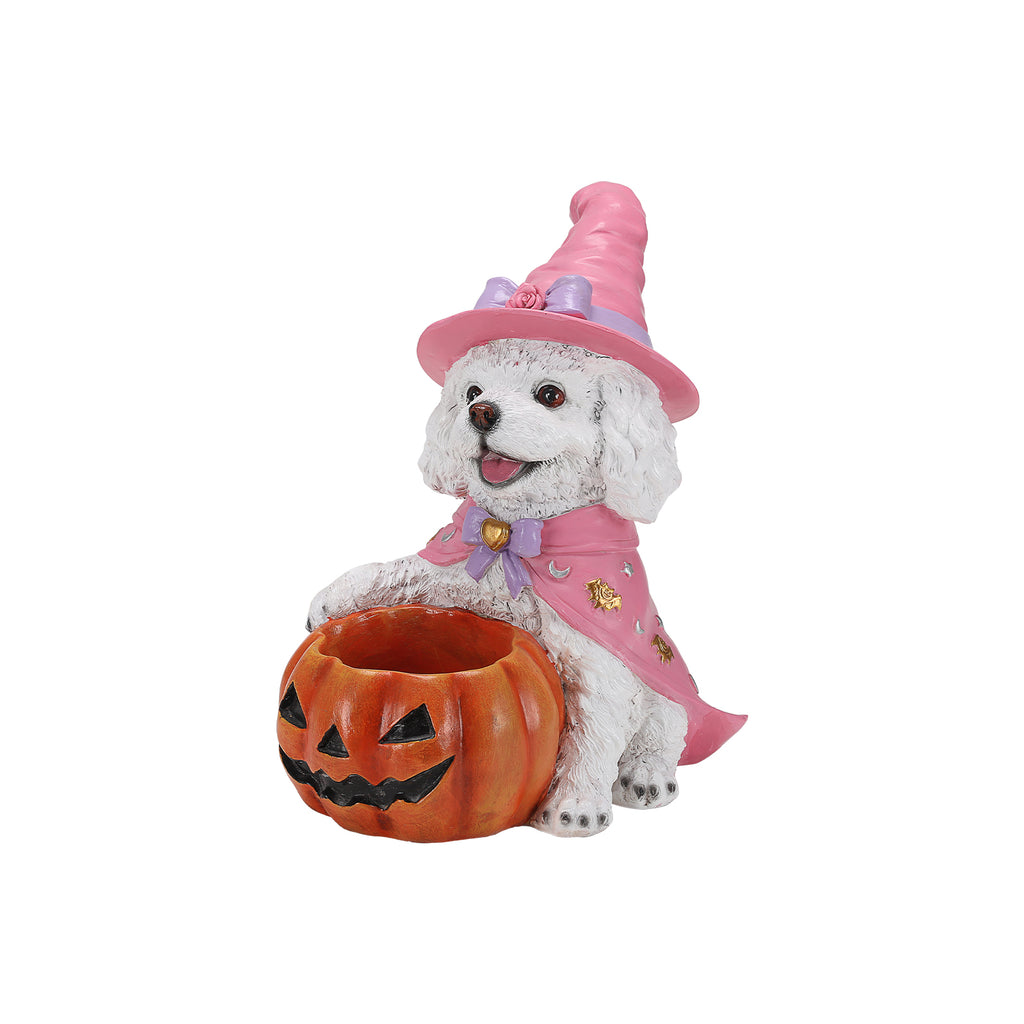 Halloween White Teddy Puppy Figurine Witch Dog Holding Pumpkin Candy Bowl Decoration - Image 3