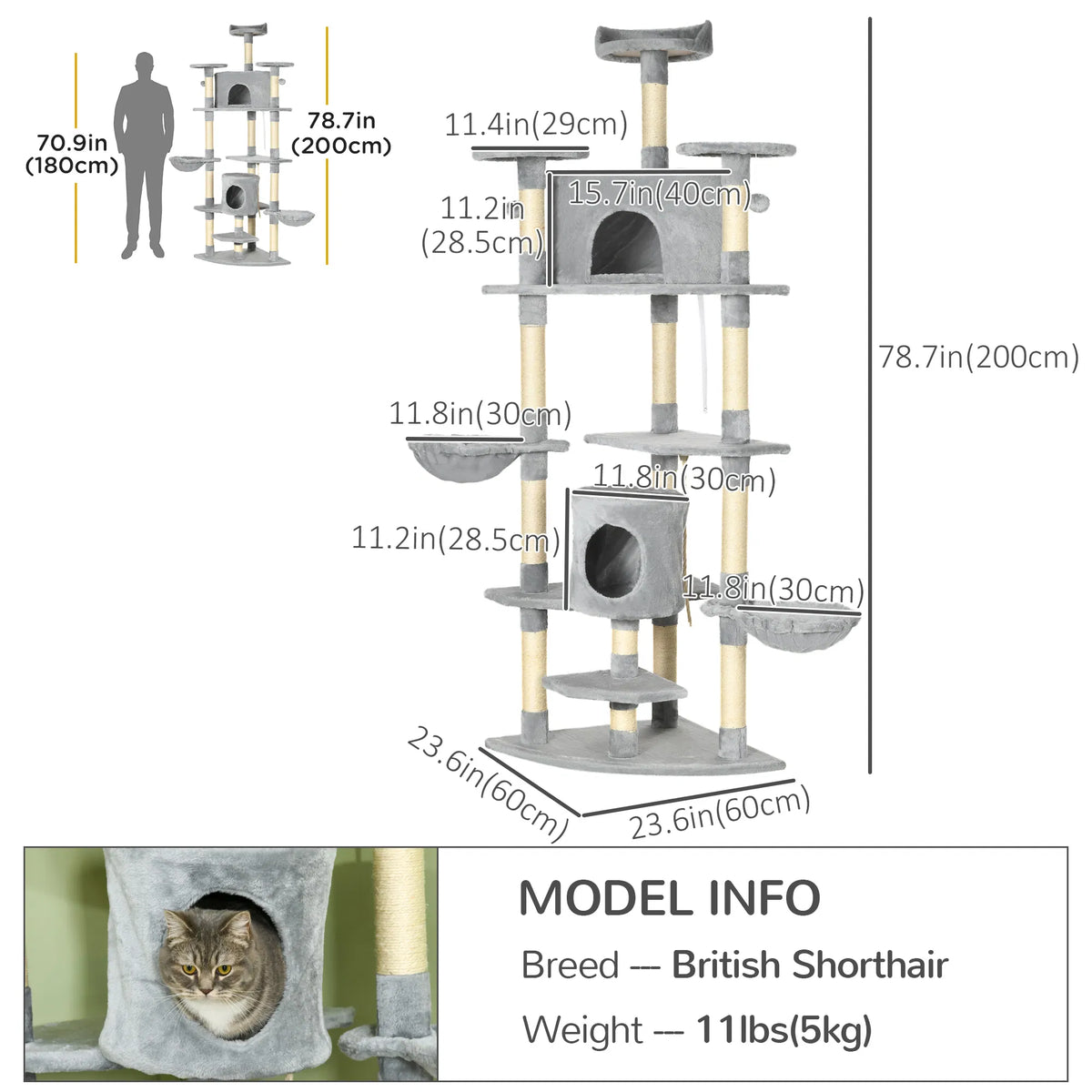 79" Cat Tree Multi Level with Two Condos Kitty Tower with Scratching Posts - Image 3