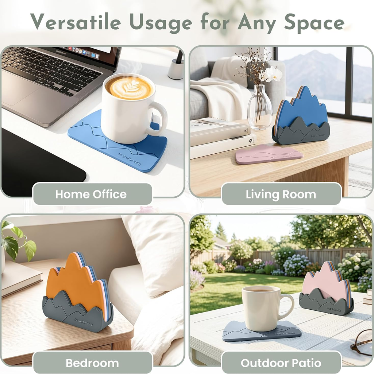 5 Piece Mountain Silicone Coaster Set With Holder Thick Waterproof Drink - Image 2
